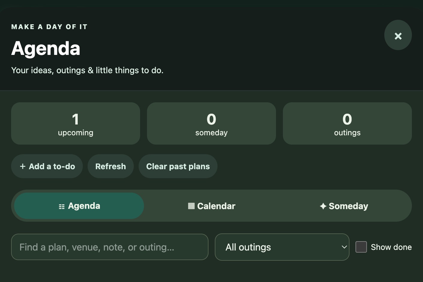 The actual PTK Agenda panel showing upcoming plans, the Agenda, Calendar and Someday views, and searching for plans