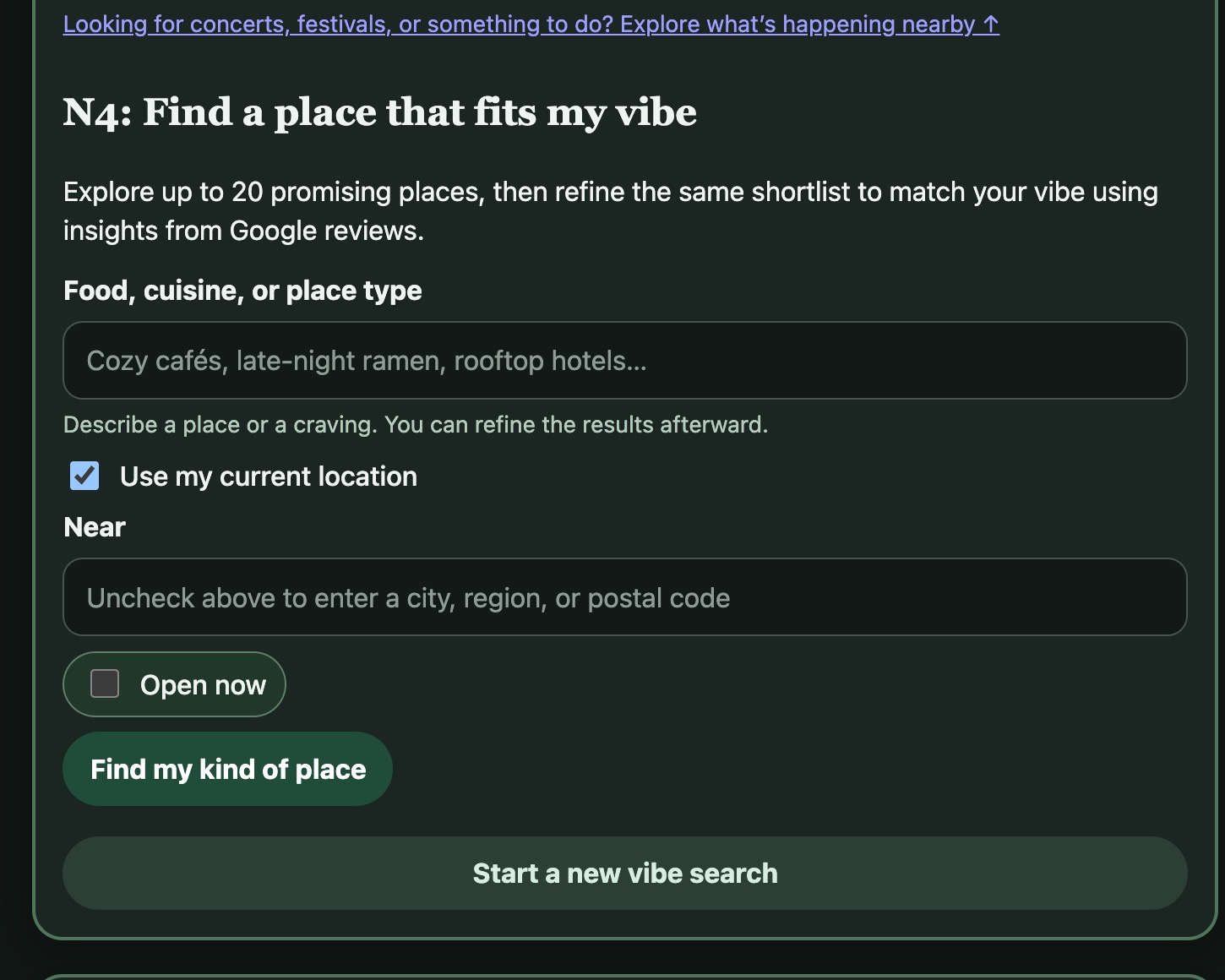 The actual PTK Find a Place That Fits My Vibe feature, with place preferences and nearby search controls