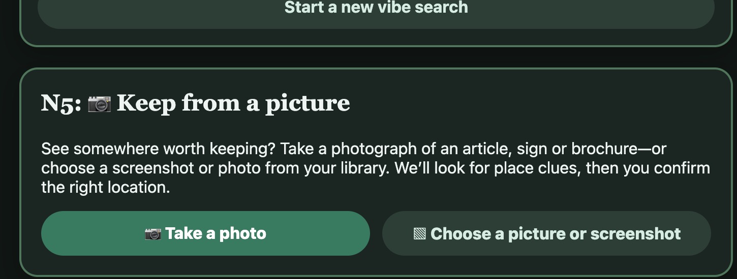 The actual PTK N5 Keep from a Picture screen, with Take a photo and Choose a picture or screenshot actions