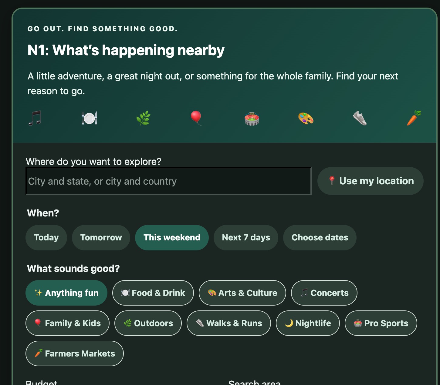 The actual PTK local events discovery screen showing city, date, and event-category choices