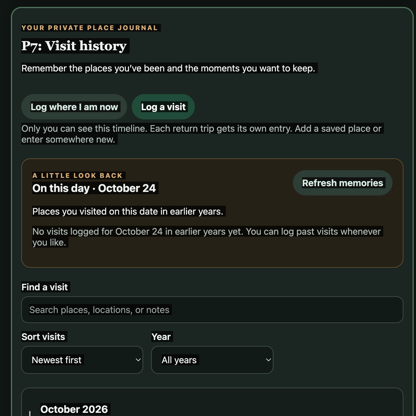 The actual PTK Visit History screen showing Log a visit, On This Day memories, and visit timeline filters